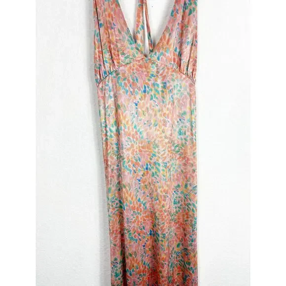 Free People Nowhere To Be Slip Dress Medium Midi Coral Floral Stretch Satin - Picture 9 of 14